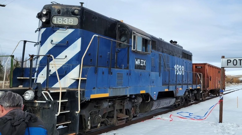 Blue train car at WI&M Depot in winter in Potlatch, Idaho