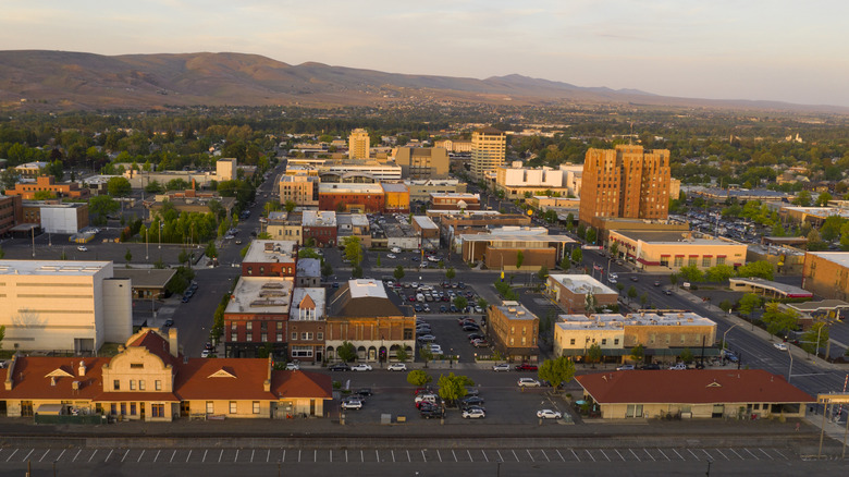 An aerial view of downtown Yakima, Washington, at sunset