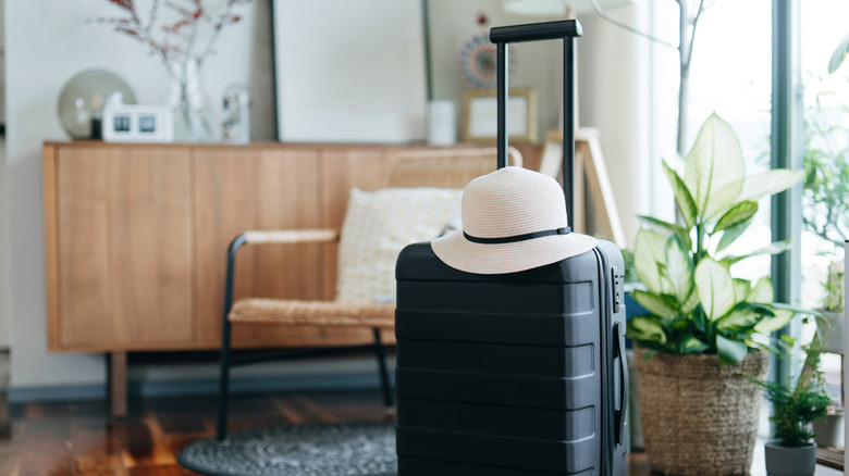 A black suitcase and a straw hat in the middle of an airy living room at a vacation rental.