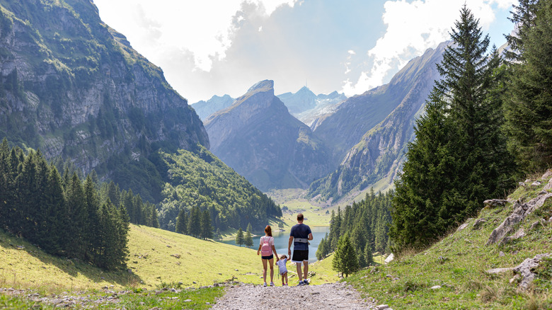 A family walking amidst Swiss mountains, forests, and lakes.