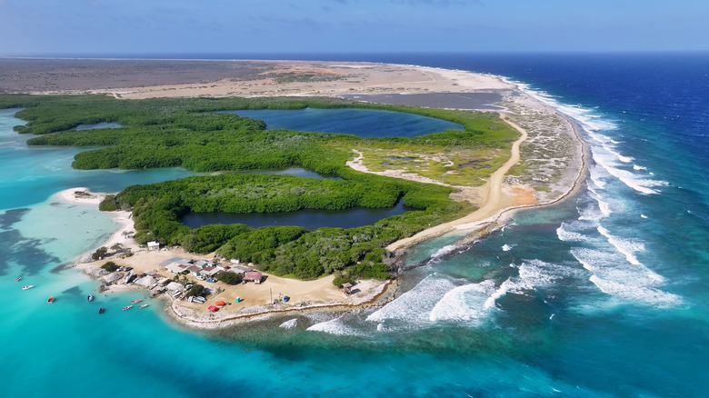 Aerial view of the coastline along Kralendijk in Bonaire, the Caribbean
