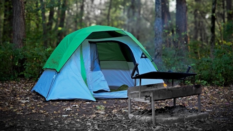 A colorful tent and a grill in a forested campsite at Illini State Park, Illinois