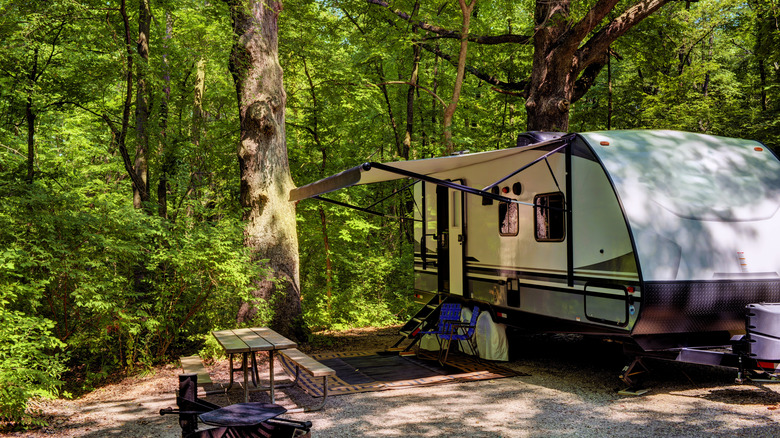 A camper and picnic table in a lush forest campground at Starved Rock State Park, Illinois