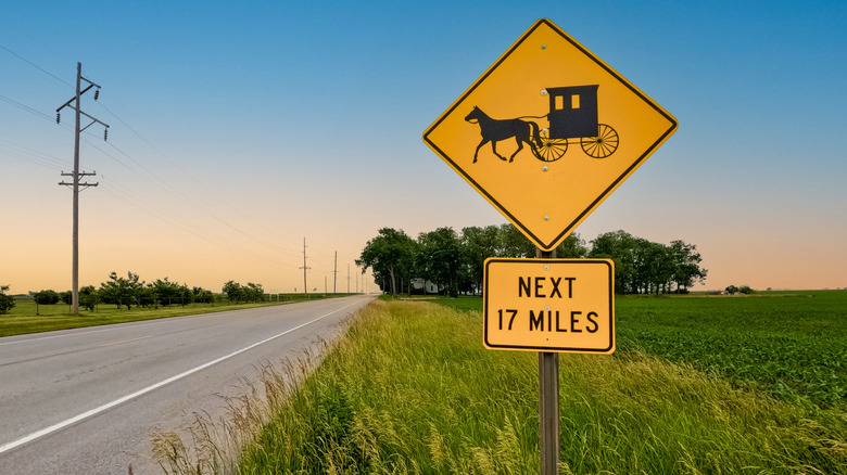 Yellow caution sign showing a horse-drawn buggy in Arthur, Illinois