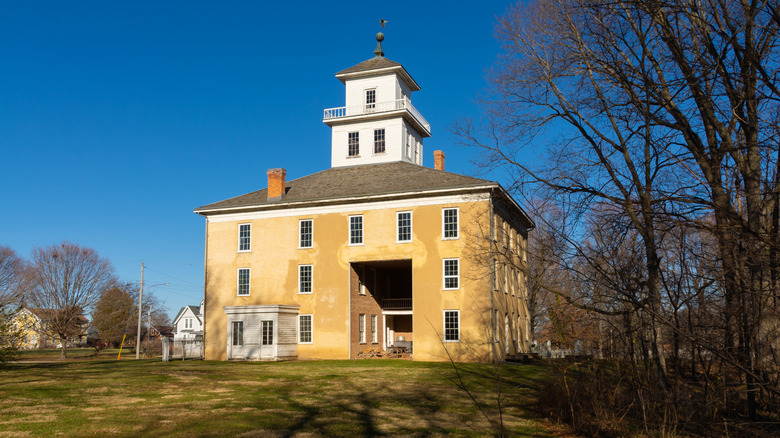 Exterior of the historic Steeple Building in Bishop Hill, Illinois