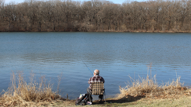 A man in a flannel shirt sitting down and fishing at Horsetail Lake in Palos Park.