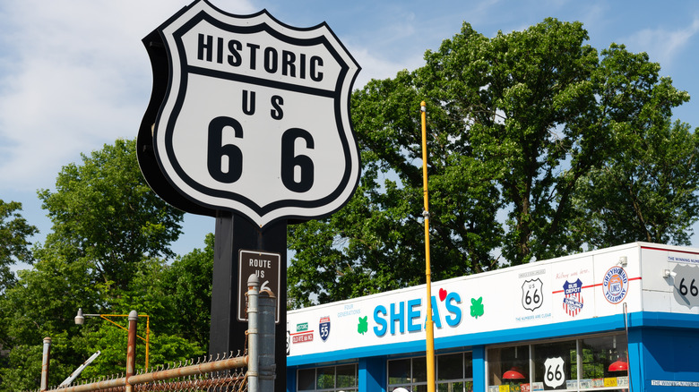 A plaque marking the historic route 66 in front of Shea's, Springfield