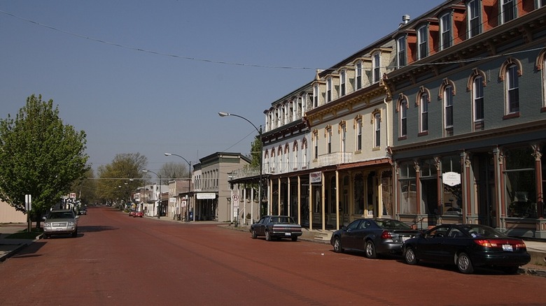 Historic buildings on a brick-lined street in Lebanon, Illinois