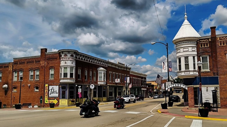 Brick buildings and traffic in downtown Elizabeth, Illinois