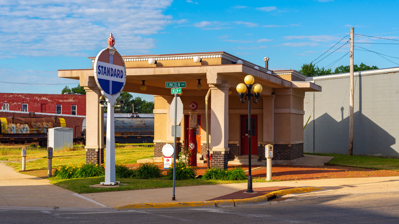The 1918 Standard Oil filling station on the corner of Lincoln Highway in Rochelle, Illinois