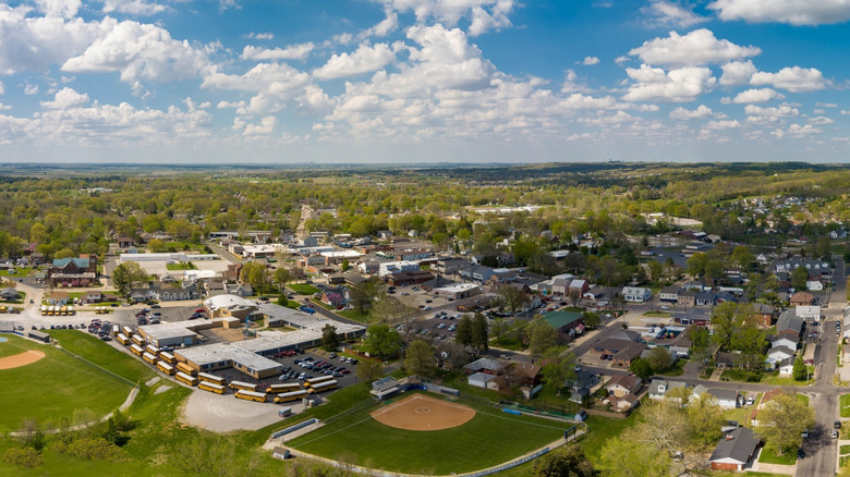 Aerial view of Columbia, Illinois, on a cloudy day