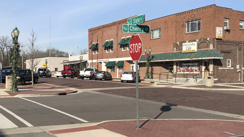 Intersection of State and Cherry Street with Cherry Valley Coffee Shop in the background