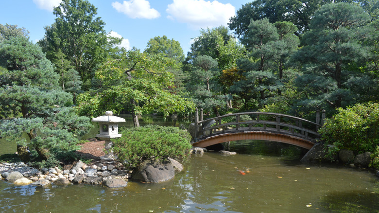 Bridge, pagoda, and pond at Anderson Japanese Gardens in Rockford, Illinois