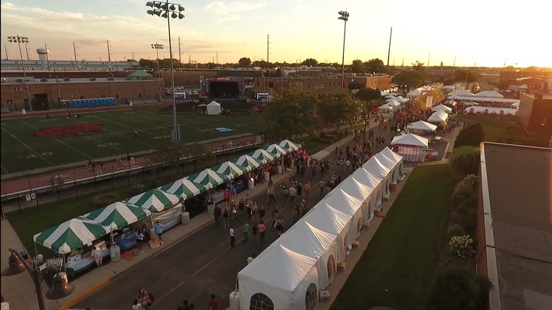 aerial view of Melrose Park, with the street set up for the Taste of Melrose festival
