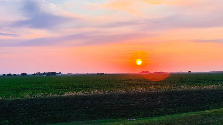Sunset over farmland in Hampshire, Illinois