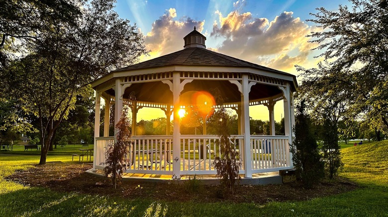 A gazebo at Turner Park in Roselle, Illinois at sunset