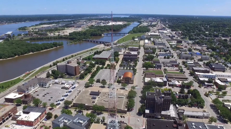 Aerial view of Downtown Rock Island with river running by