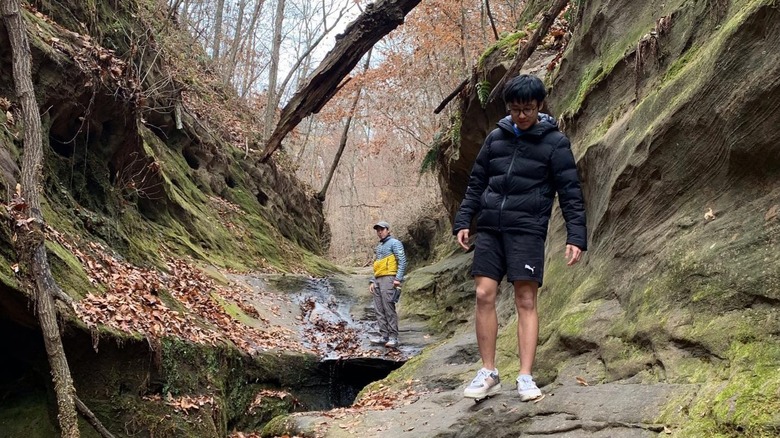 Two young men hike the mossy, carved rock staircase at the Little Grand Canyon Trail in Shawnee National Forest, Illinois.