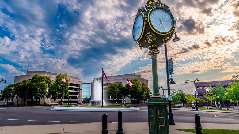 A clock and fountain in Belleville, Illinois
