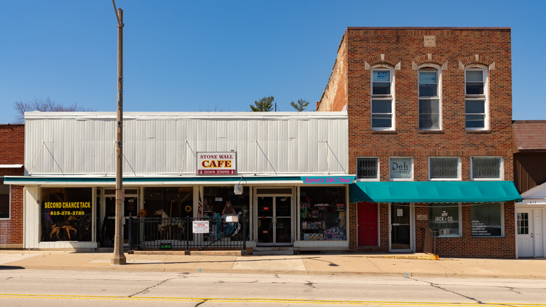 Historic building and street in downtown Pecatonica, Illinois