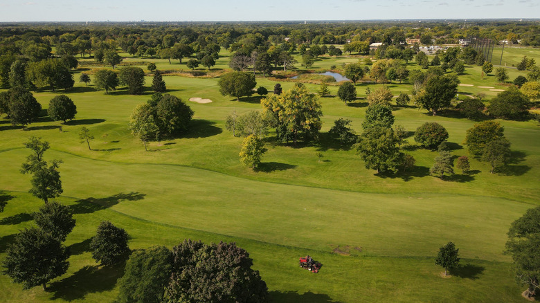 A drone shot of golf courses near Golf, Illinois