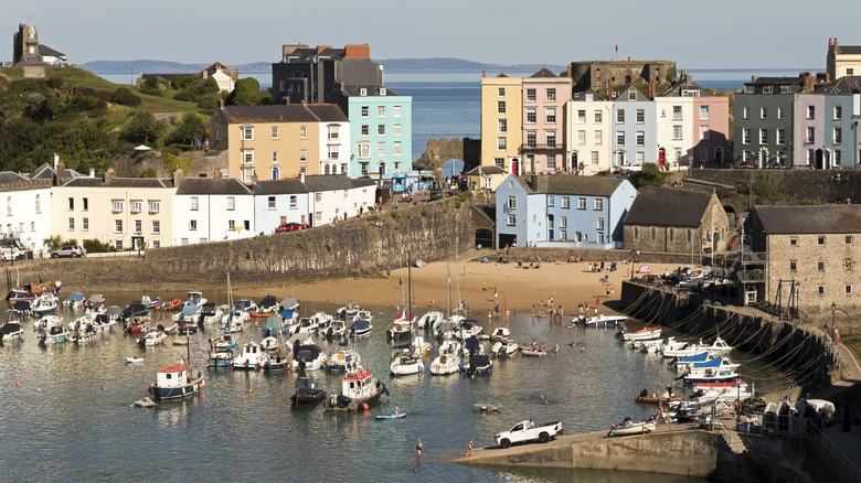 Colorful houses and beach in Tenby, Wales