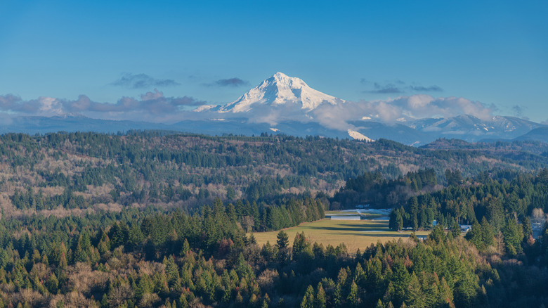 Mt. Hood looms over horizon from Jonsrud viewpoint in Sandy, Oregon