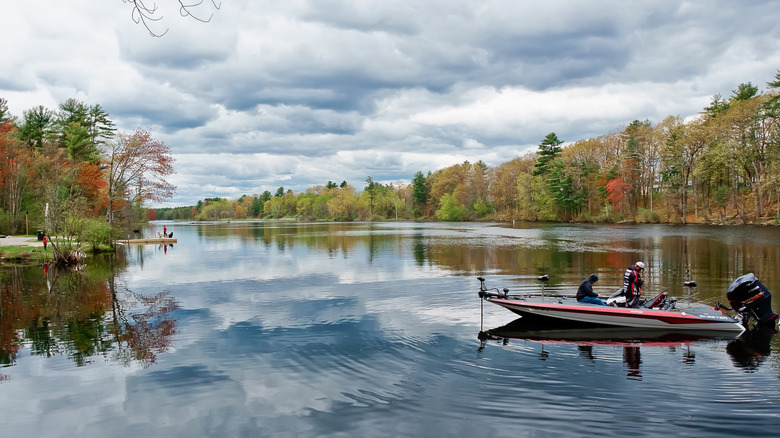 A fishing boat pictured on Mill Pond in Mine Falls Park, Nashua, New Hampshire