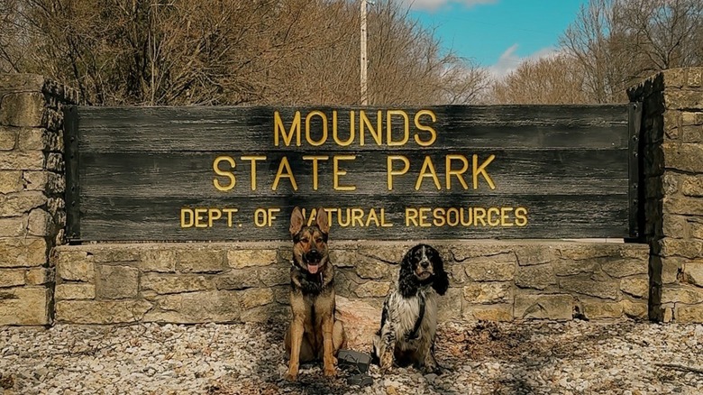 Dogs in front of the Mounds State Park sign