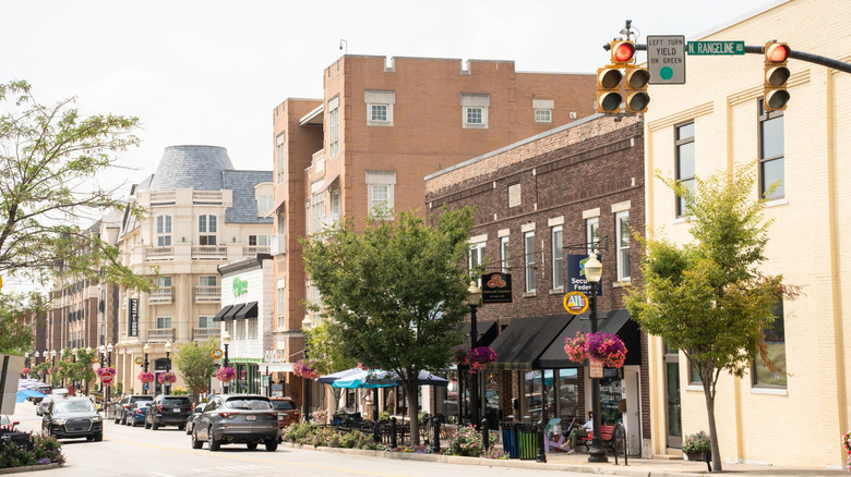 Downtown street scene in the Arts and Design District in Carmel, Indiana