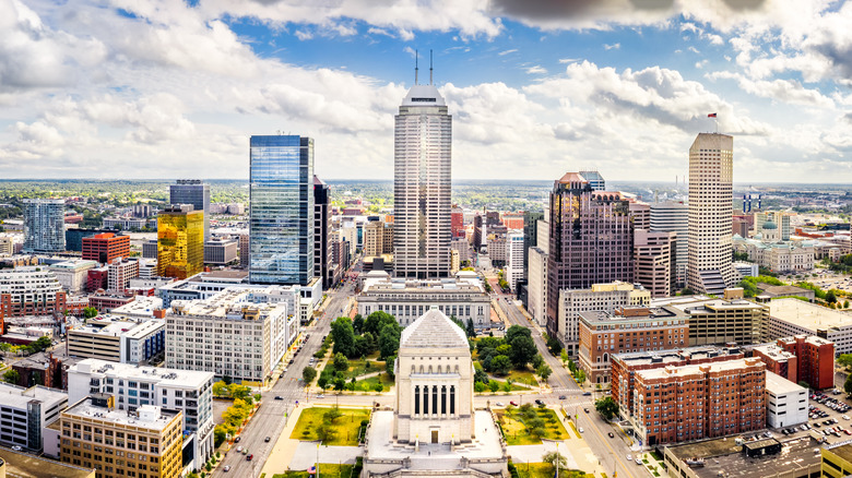 Indianapolis skyline against a cloudy sky