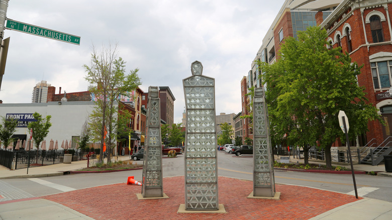 A metal sculpture along the Indianapolis Cultural Trail on Mass Ave