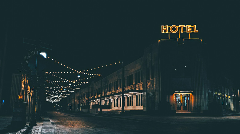 A nighttime view of the Bottleworks Hotel