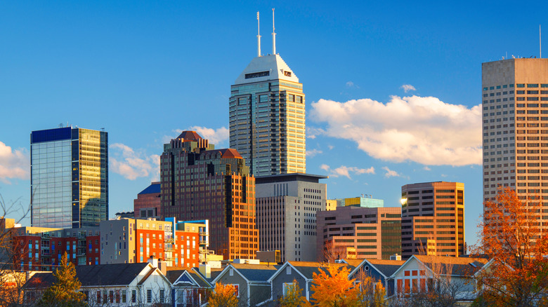 Downtown Indianapolis skyline with bright blue sky