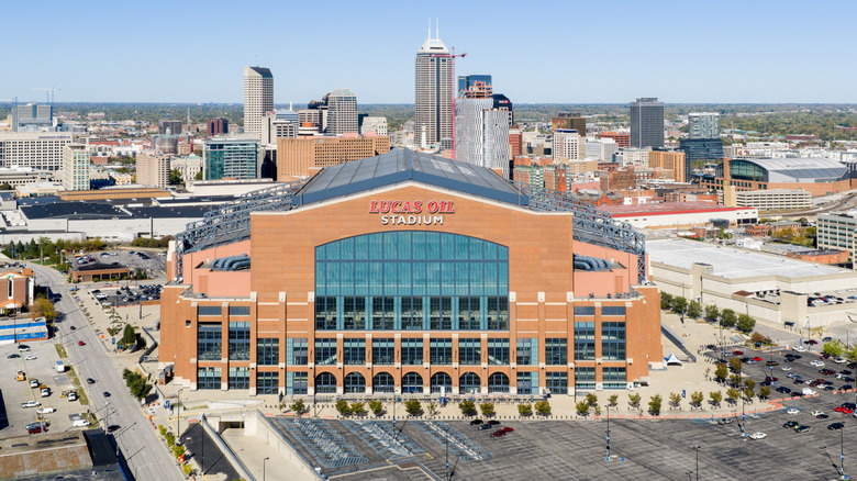 Aerial view of the Lucas Oil Stadium in Indianapolis with skyline in background