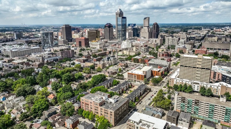 Aerial view of Lockerbie Square and downtown Indianapolis