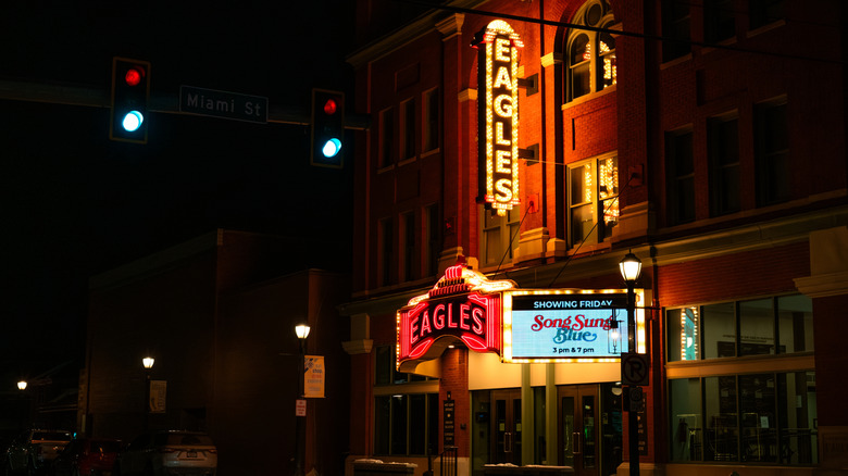 Illuminated signs at night outside the Eagles Theater in Wabash, Indiana