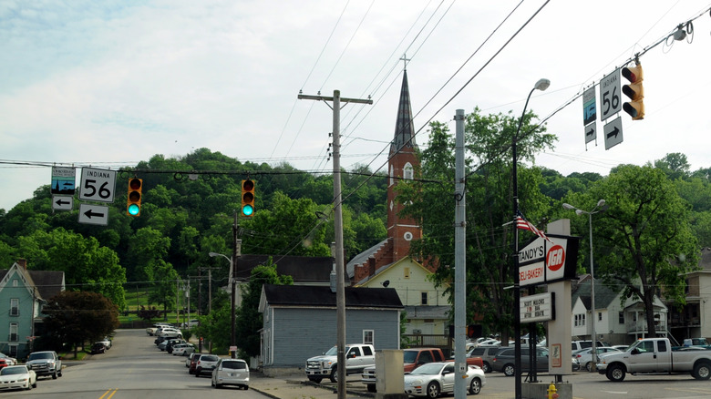 A church steeple in Aurora, Indiana.