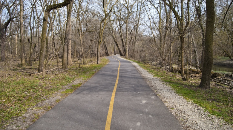 A paved pike trail cuts through Midwest trees