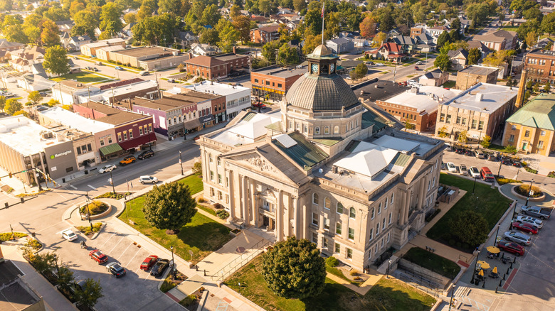 Aerial view of the Boone County Courthouse, the heartbeat of Lebanon, Indiana