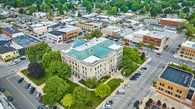 Aerial of downtown Auburn, Indiana