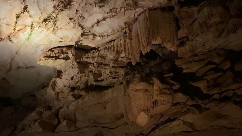 Impressive stalactites hanging from the ceiling in Indiana Caverns