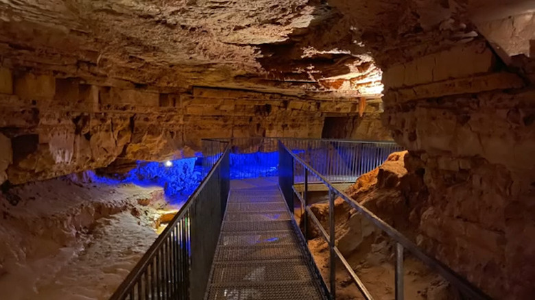 Metal walkway through the cave at Indiana Caverns