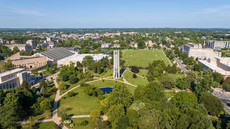 An aerial view of Bloomington, Indiana on a bright summer day