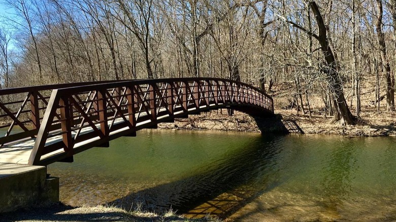 A wide shot of a pedestrian bridge in Soldiers Memorial Park in La Porte, Indiana