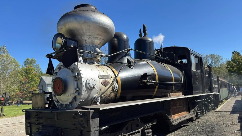 A steam-engine train runs at the Hesston Steam Museum in La Porte, Indiana on a sunny day