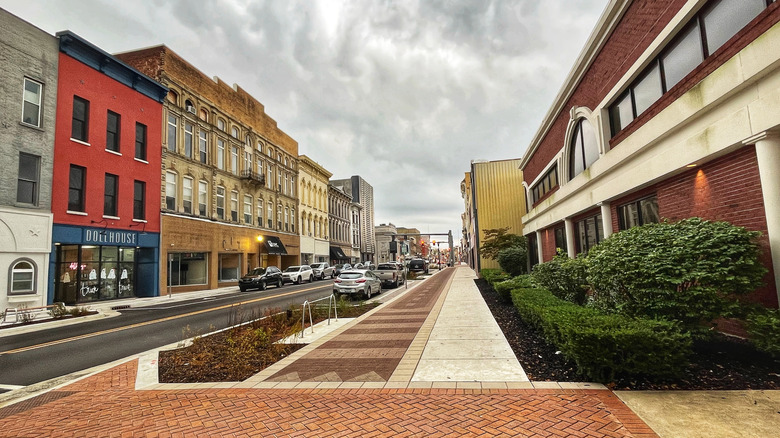 Old storefronts line a commercial street in downtown Richmond, Indiana