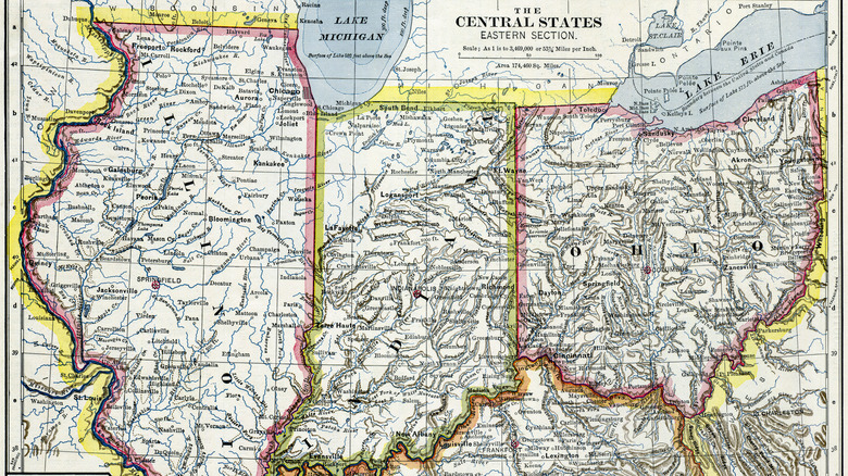 An antique map from the 1880s depicts Indiana in the middle of several Midwestern states