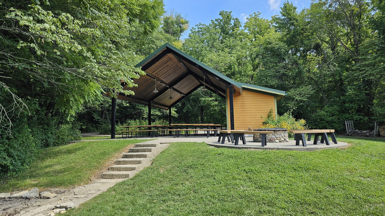 The covered picnic pavilion in Ritchey Woods Nature Preserve, Fishers, Indiana
