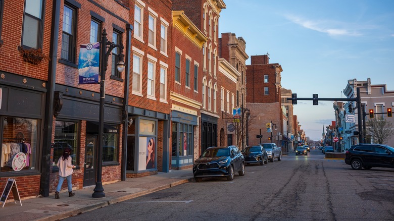 Vincennes, Indiana, with brick buildings and cars on a streets